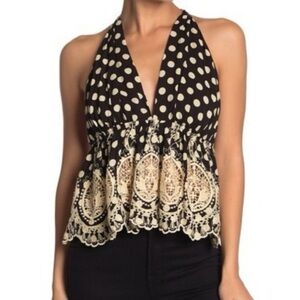 Free People Black and Cream Lace Halter Blouse